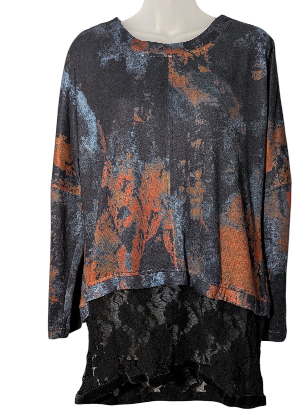 Kaktus XL Artsy Abstract Rust Blue Layered Sweatshirt Tunic Black Lace Hem